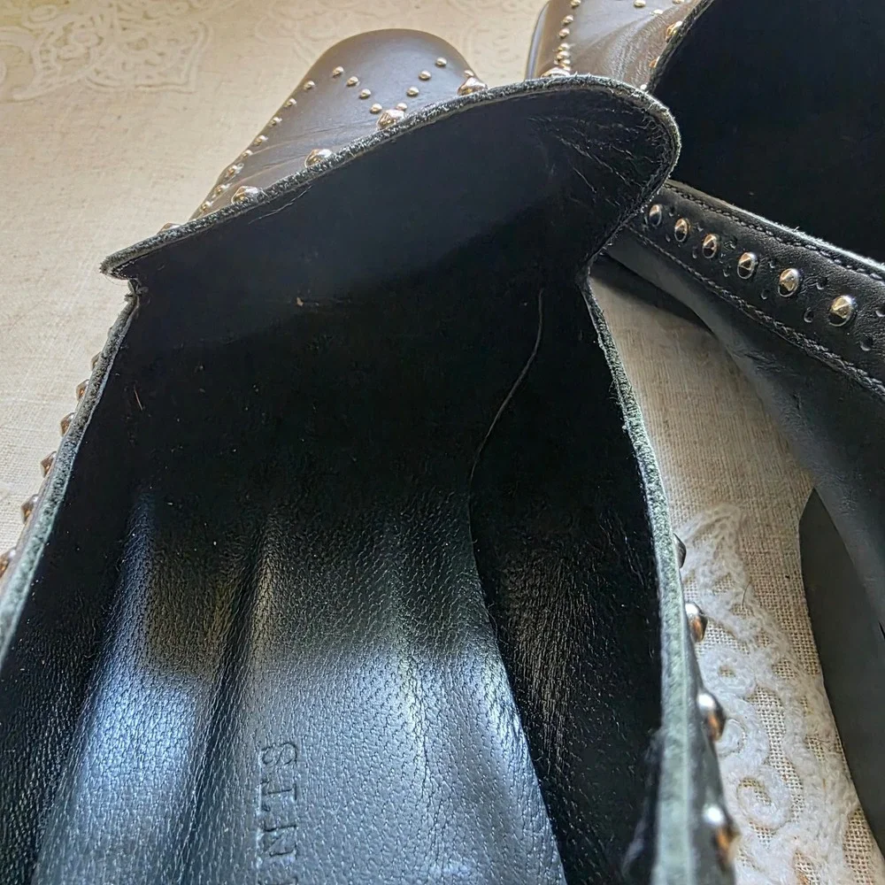 AllSaints Leather Studded Loafers 39 8.5 Black Silver Stud Slip On Shoe Portugal